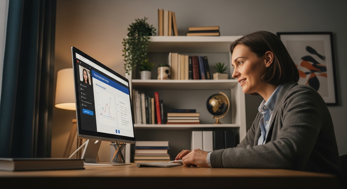 Hình ảnh một người đang thực hiện việc làm thêm tại nhà qua dạy học trực tuyến trên máy tính trong không gian học tập sáng sủa.