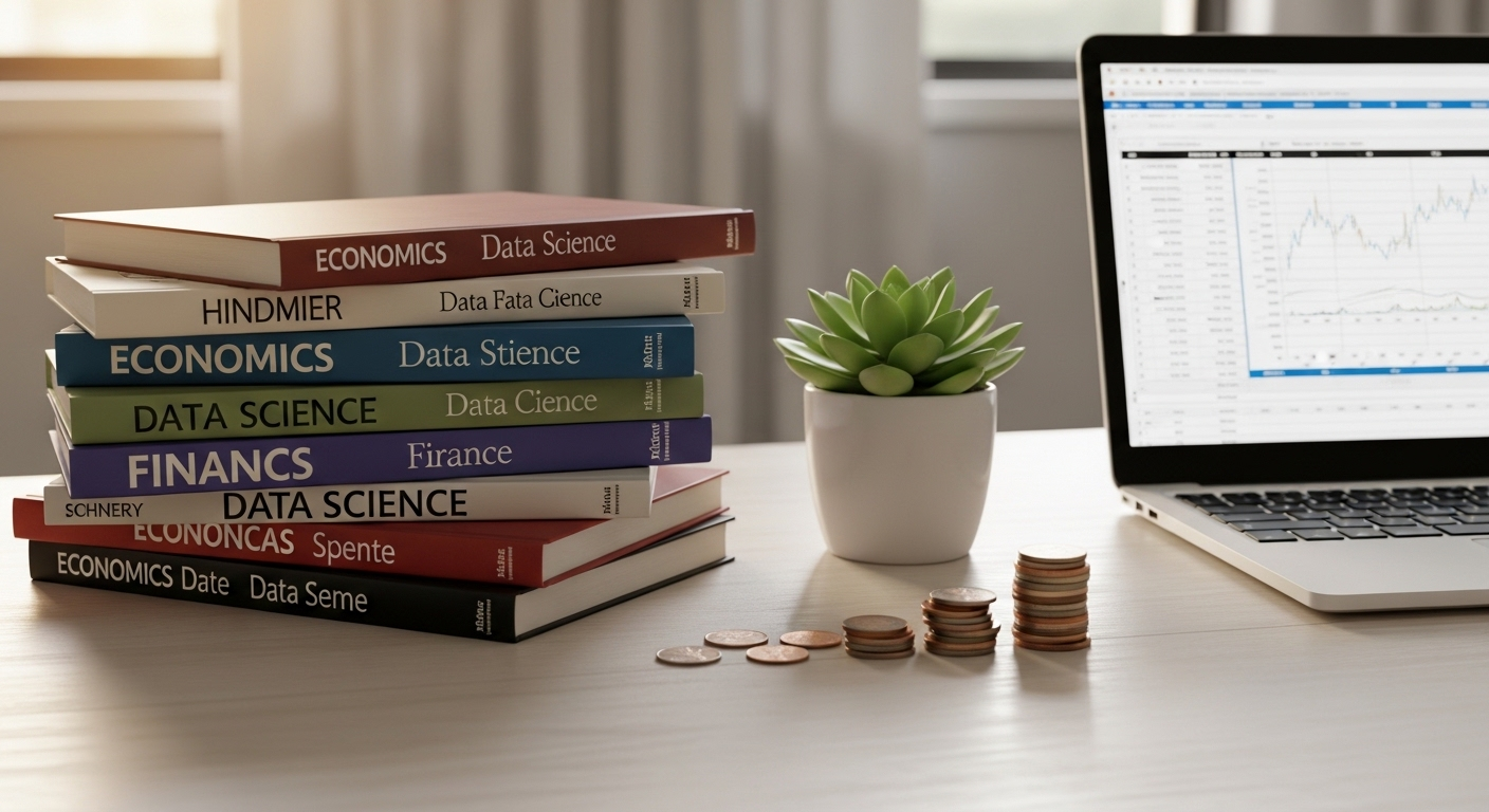 Bàn học gọn gàng với sách giáo trình, laptop mở bảng tính và những đồng xu nhỏ cạnh chậu cây, tượng trưng cho việc kiếm tiền online cho học sinh sinh viên một cách cân bằng và hiệu quả.