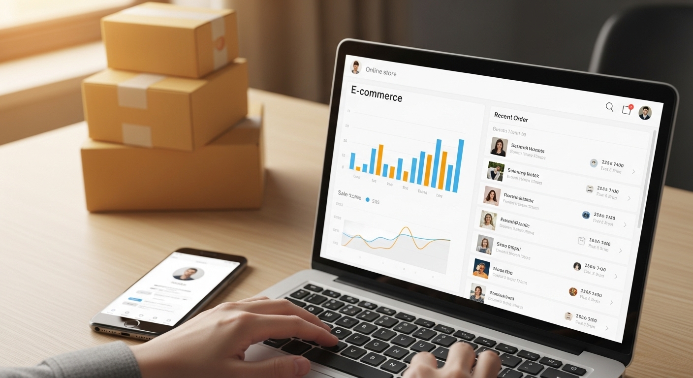Hình ảnh một người đang quản lý cửa hàng trực tuyến trên laptop với bảng điều khiển đơn hàng, điện thoại và hộp vận chuyển, minh họa việc kiếm tiền tại nhà.