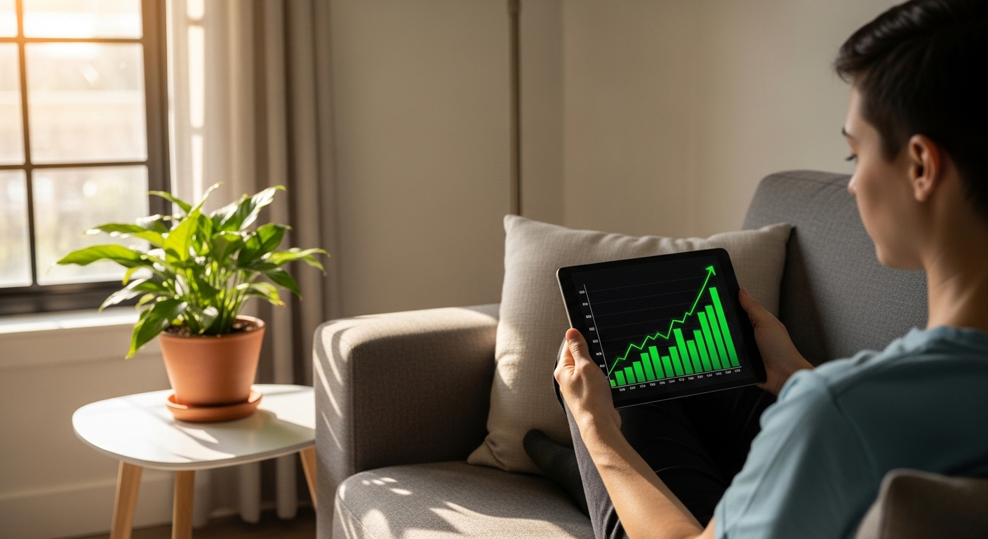 Người trẻ ngồi sofa thư thái, xem biểu đồ tài chính tăng trưởng trên tablet trong phòng khách ngập nắng, minh họa kiếm tiền online không cần vốn hiệu quả.