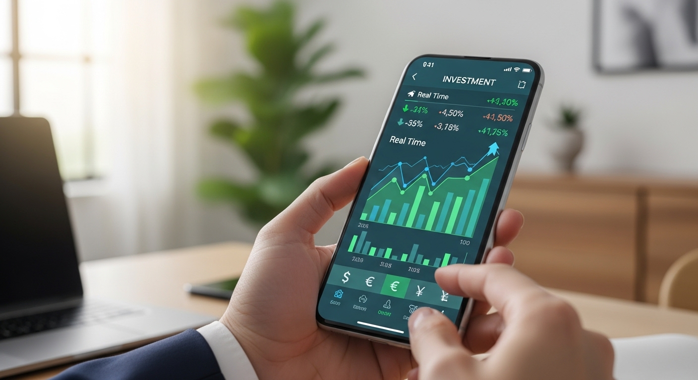 Giao diện app kiếm tiền trên điện thoại với biểu đồ đầu tư tài chính tăng trưởng trên màn hình smartphone, do bàn tay chuyên nghiệp thao tác.