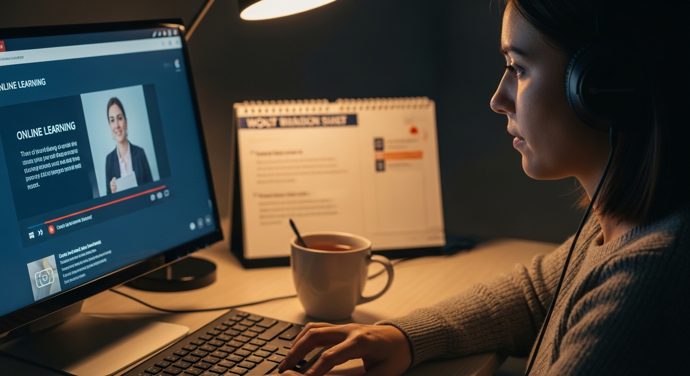 Người đội tai nghe, tập trung học trực tuyến để nâng cao kỹ năng và tìm hiểu cách kiếm tiền online hiệu quả.