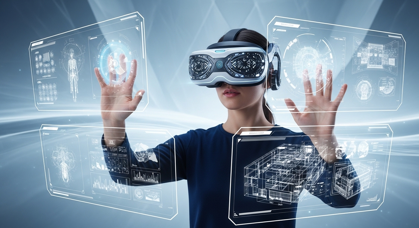 Người dùng kính thực tế ảo (VR) tương tác giao diện hologram, minh họa trải nghiệm học tập và sáng tạo đa phương tiện đổi mới. Hình ảnh liên quan đến tiềm năng ngành và thông tin điểm chuẩn ngành truyền thông đa phương tiện.