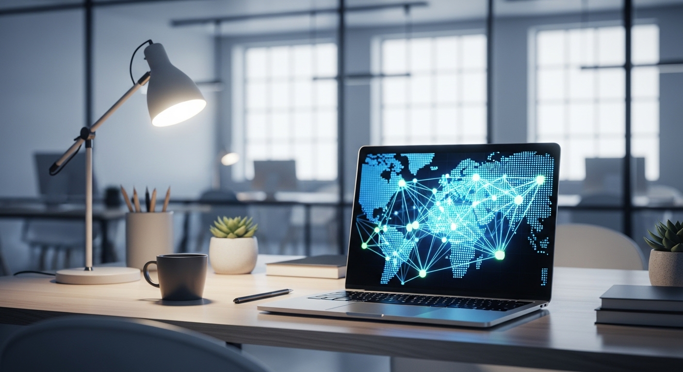 Không gian làm việc hiện đại với laptop hiển thị mạng lưới số toàn cầu, phù hợp để kiếm tiền trên mạng tại nhà.