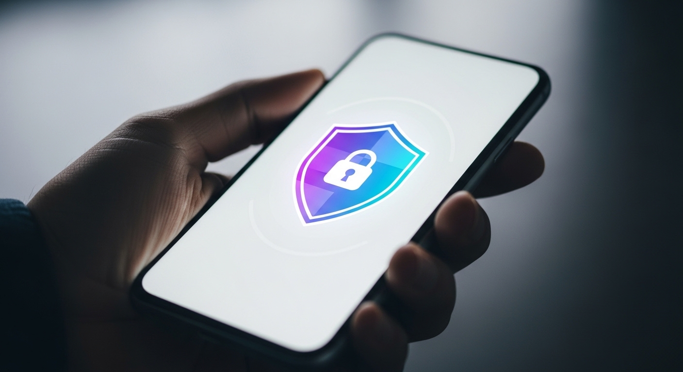 Người dùng cầm điện thoại hiển thị biểu tượng lá chắn kỹ thuật số, nhấn mạnh tầm quan trọng của bảo mật khi tìm cách kiếm tiền online tại nhà bằng điện thoại an toàn.