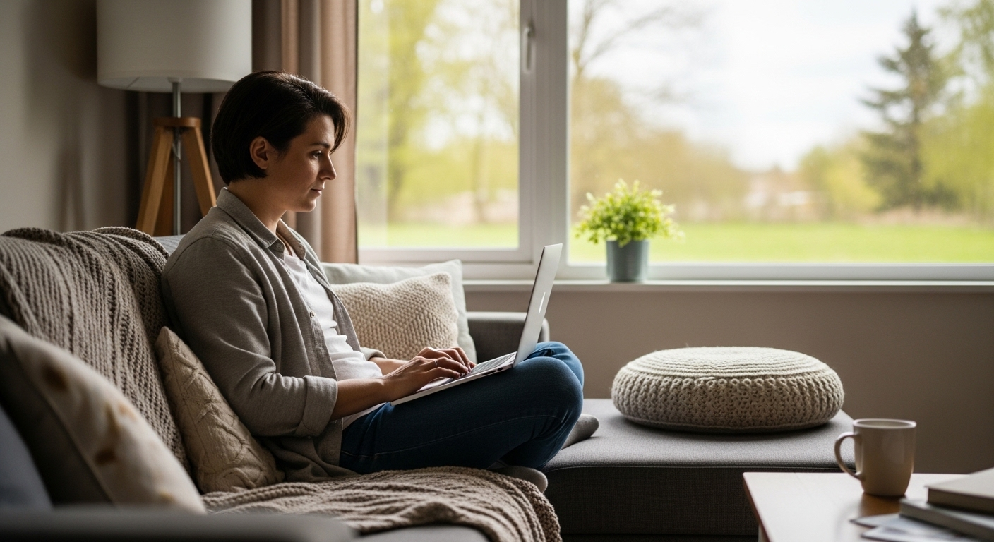 Người ngồi thoải mái làm việc trên ghế sofa với laptop trong phòng khách ấm cúng, thể hiện cách kiếm tiền tại nhà linh hoạt và cân bằng.