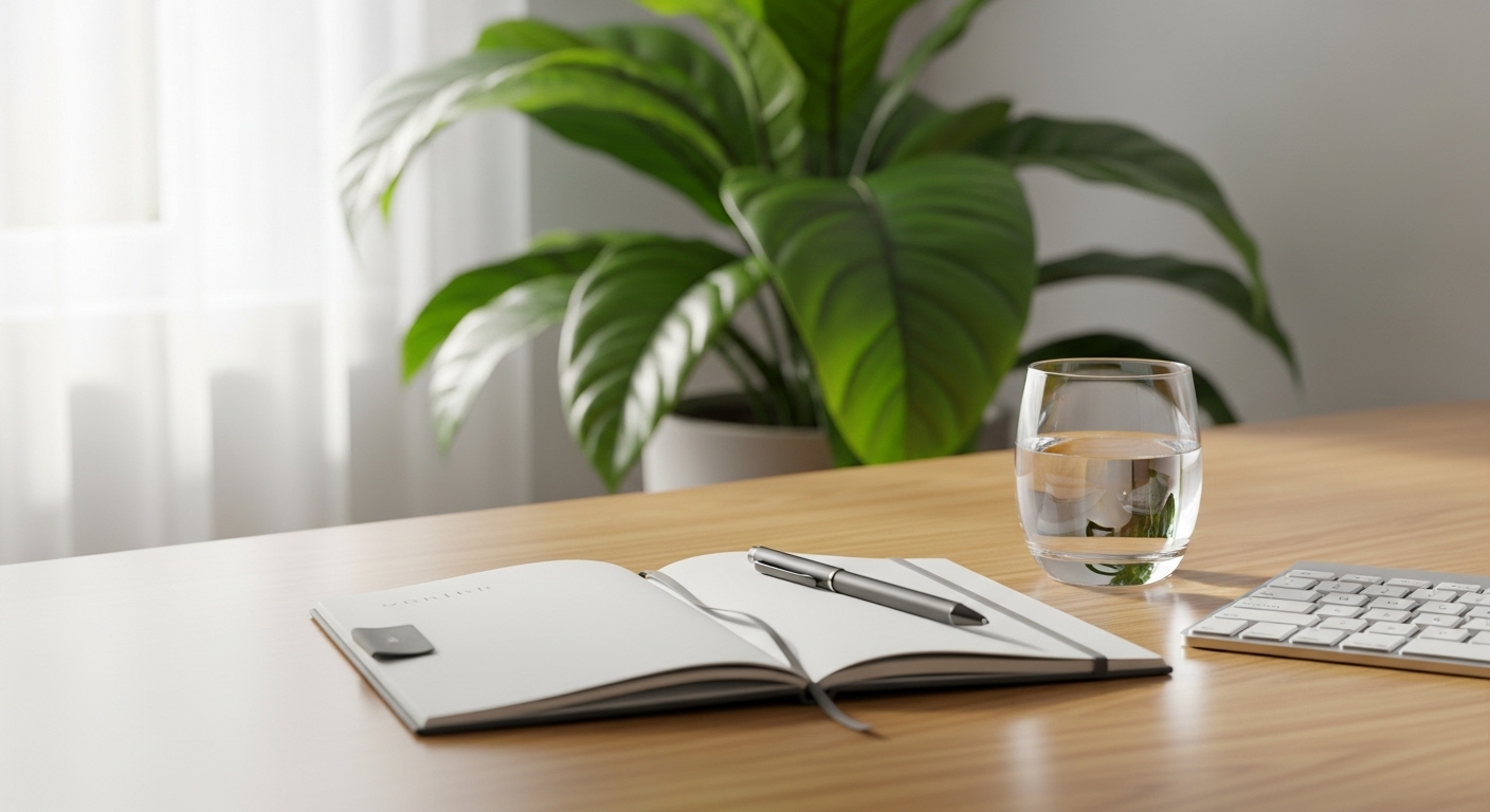 Bàn làm việc tại nhà gọn gàng, thanh bình với sổ, bút, bàn phím và cây xanh, tạo môi trường lý tưởng để tập trung kiếm tiền tại nhà.