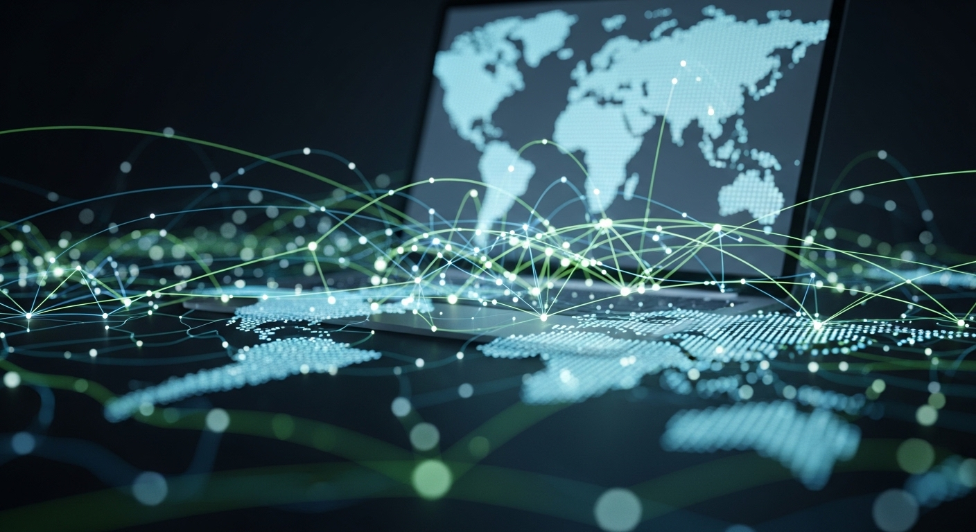 Mạng lưới kết nối kỹ thuật số phát sáng từ màn hình laptop, tượng trưng cho cơ hội toàn cầu và các cách kiếm tiền online tại nhà không cần vốn.