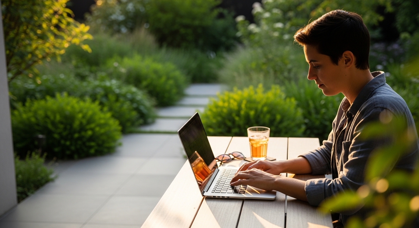 Một người đang làm việc và kiếm tiền bằng máy tính trên laptop tại sân hiên hiện đại, dưới nắng chiều ấm áp với vườn xanh mờ ảo phía sau.