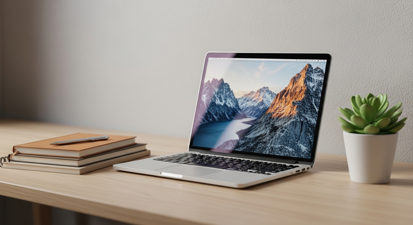 Bàn làm việc tại nhà ngăn nắp với laptop, sổ tay và cây xanh, không gian lý tưởng để kiếm tiền tại nhà hiệu quả.