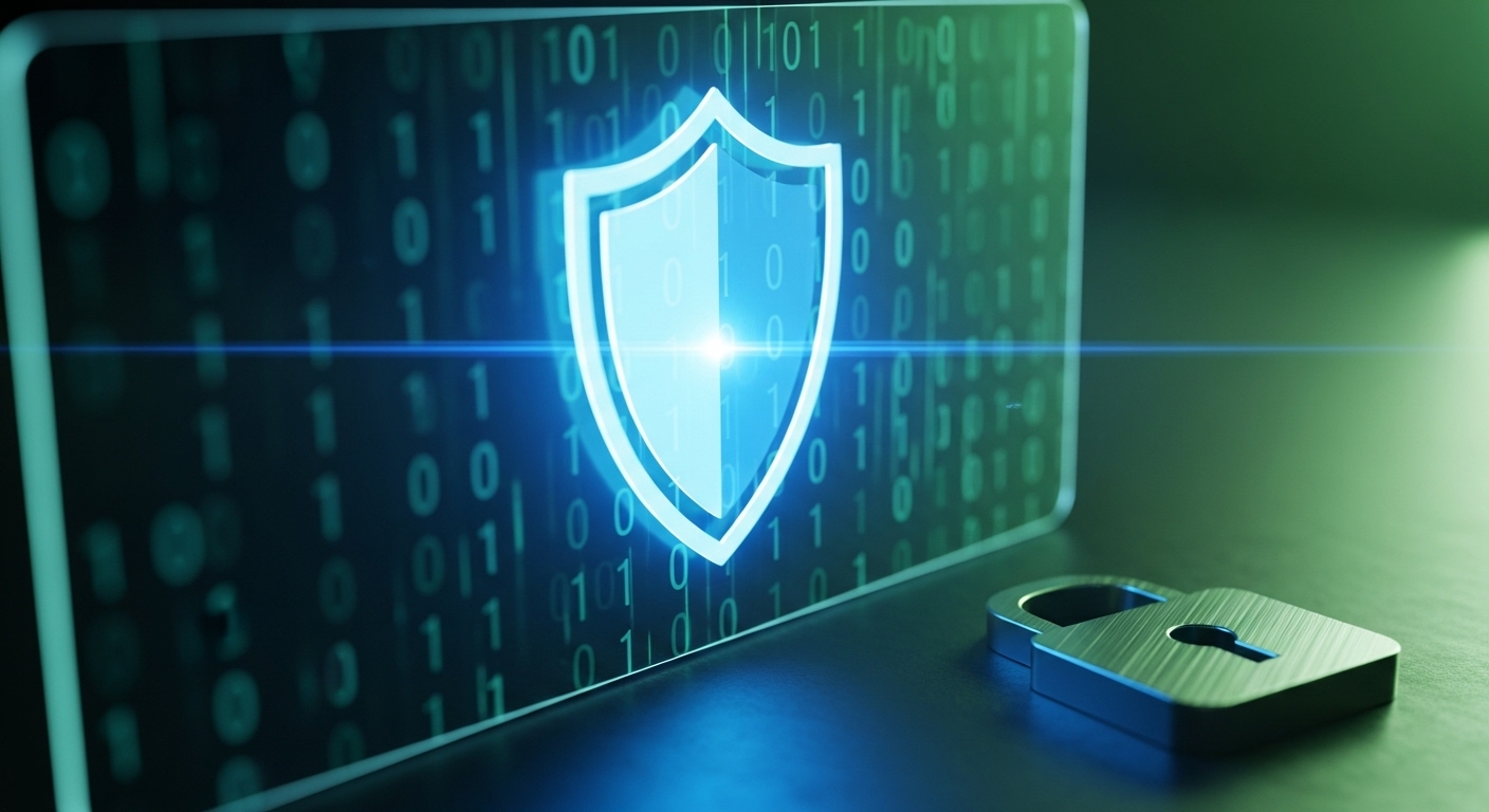 Biểu tượng khiên và ổ khóa bảo mật màu xanh trên màn hình kỹ thuật số, đảm bảo an toàn dữ liệu cho app kiếm tiền online.