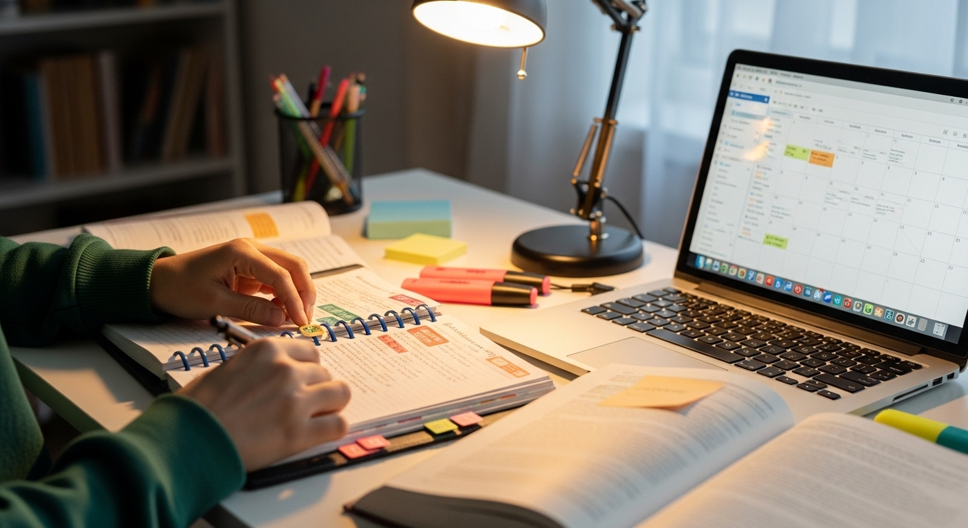 Sinh viên chăm chú lập kế hoạch học tập và công việc trên bàn với sách, laptop. Việc quản lý thời gian hiệu quả là chìa khóa giúp các bạn tìm cách kiếm tiền cho học sinh sinh viên, đồng thời cân bằng cuộc sống bận rộn.