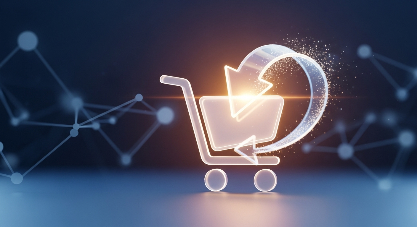 Biểu tượng giỏ hàng kỹ thuật số nổi bật với mũi tên phát sáng vòng lại, tượng trưng cho tái tương tác khách hàng hiệu quả. Khám phá Dynamic Ads là gì để tối ưu chiến dịch quảng cáo của bạn.