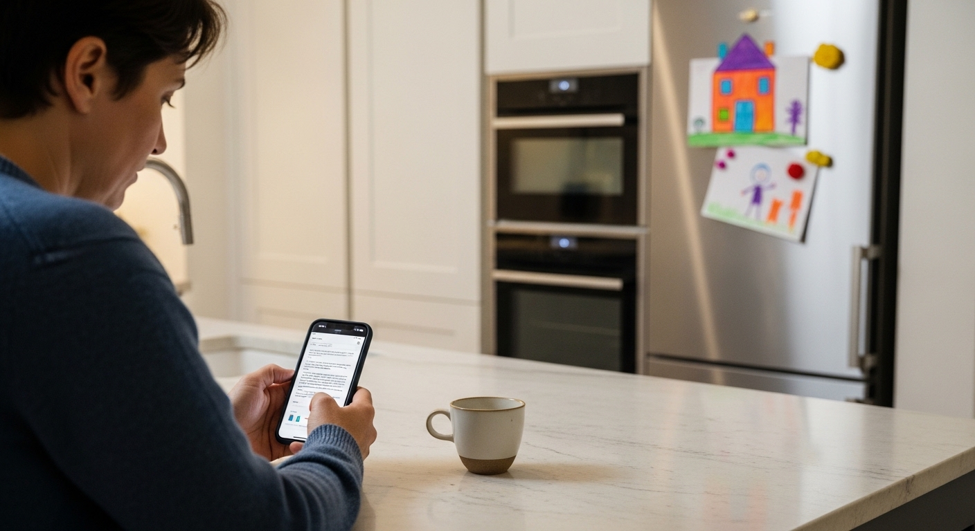 Phụ huynh đang dùng điện thoại tại đảo bếp hiện đại, có tranh trẻ em phía sau. Minh họa cuộc sống linh hoạt khi kiếm tiền online tại nhà bằng điện thoại.