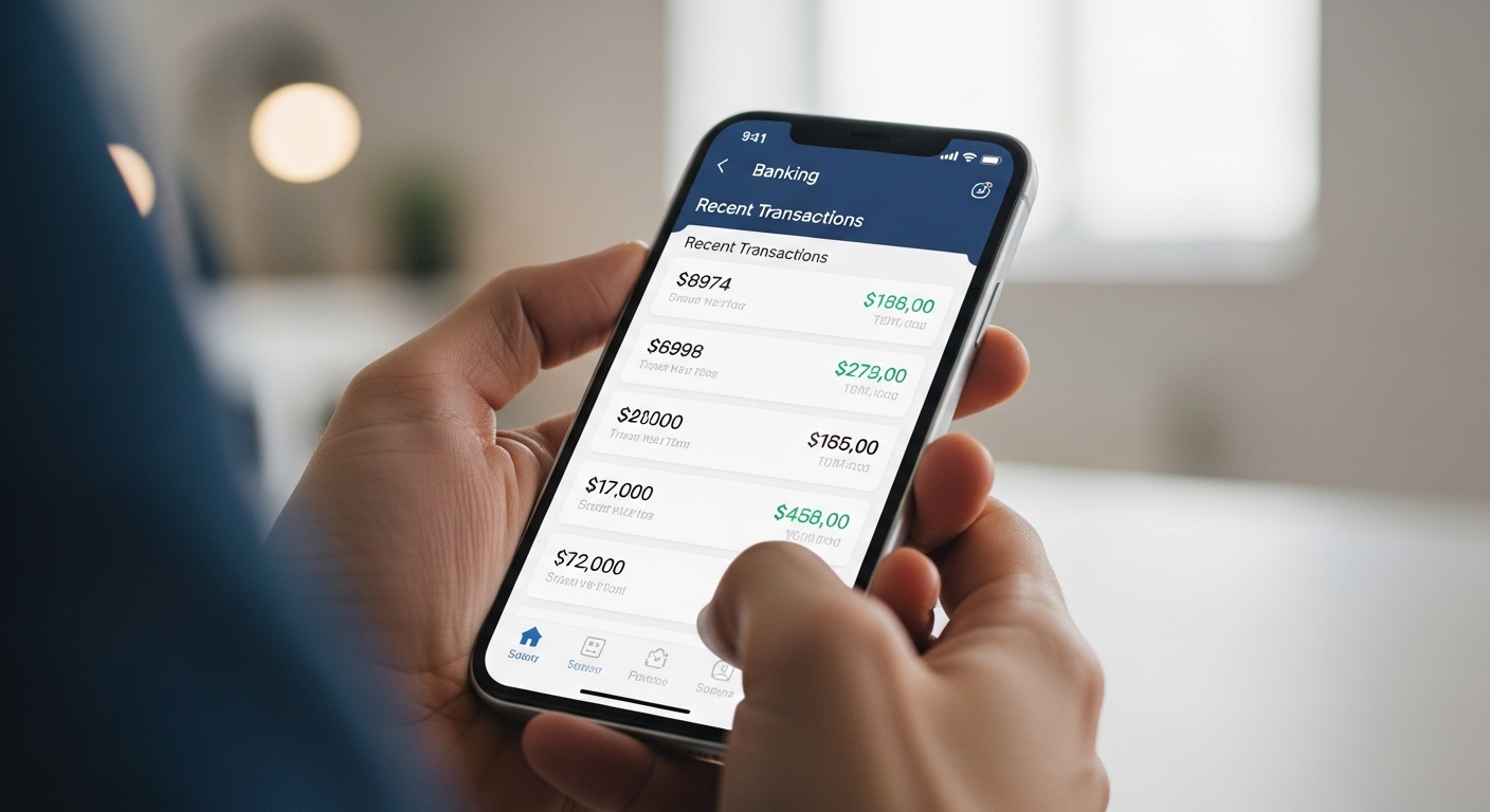 Người dùng xem ứng dụng ngân hàng trên smartphone hiển thị giao dịch, minh chứng cho thu nhập từ web kiếm tiền online không cần vốn dành cho người Việt.