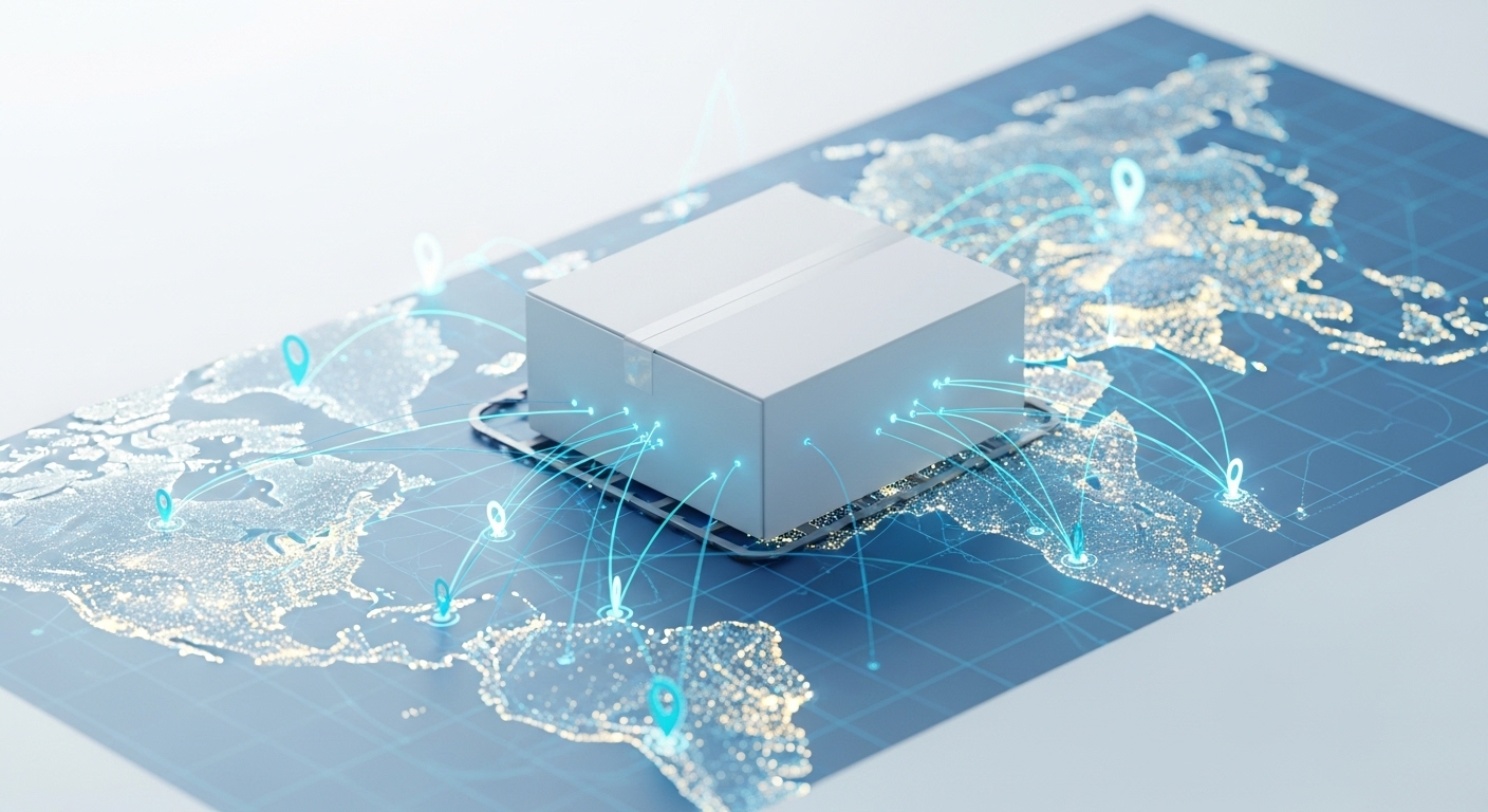 Mô hình hộp sản phẩm trên bản đồ số với các đường kết nối mạng lưới, minh họa phân phối toàn cầu và thương mại điện tử giúp kiếm tiền online hiệu quả.