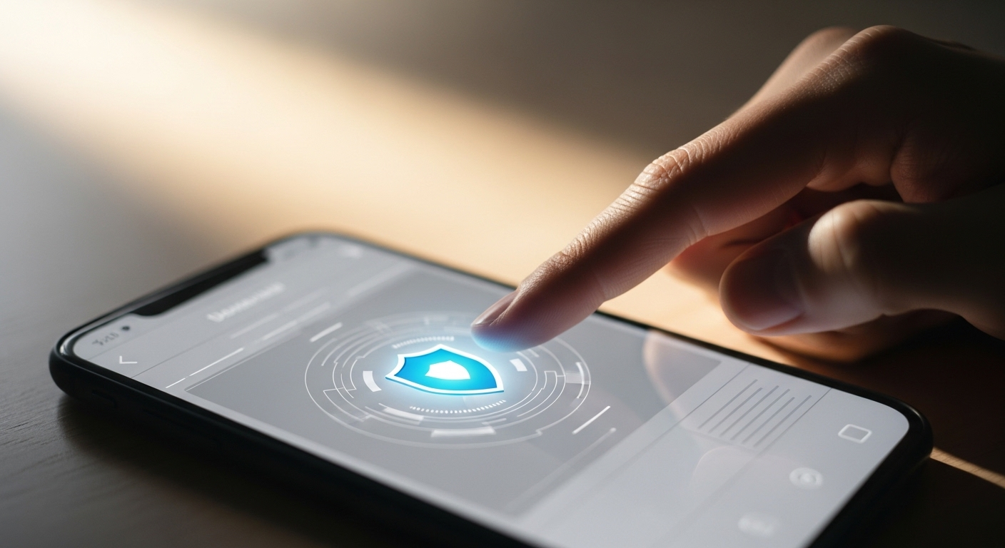 Bàn tay đang chạm vào màn hình điện thoại hiển thị biểu tượng lá chắn bảo mật kỹ thuật số, minh họa giao diện an toàn cho app kiếm tiền online.