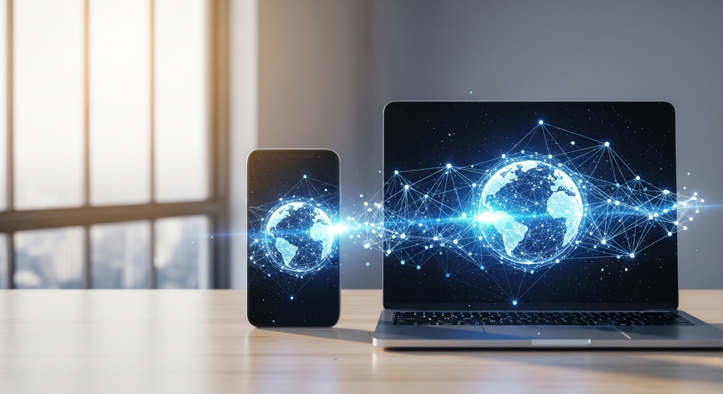 Bàn làm việc hiện đại với laptop và điện thoại hiển thị kết nối kỹ thuật số, tượng trưng cho cách kiếm tiền online không cần vốn thông qua mạng lưới toàn cầu.