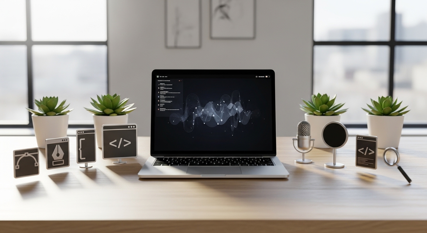 Setup bàn làm việc chuyên nghiệp với laptop bạc và các biểu tượng kỹ năng số (thiết kế, lập trình, mic, kính lúp). Lý tưởng cho những ai muốn phát triển sự nghiệp trên web kiếm tiền online.