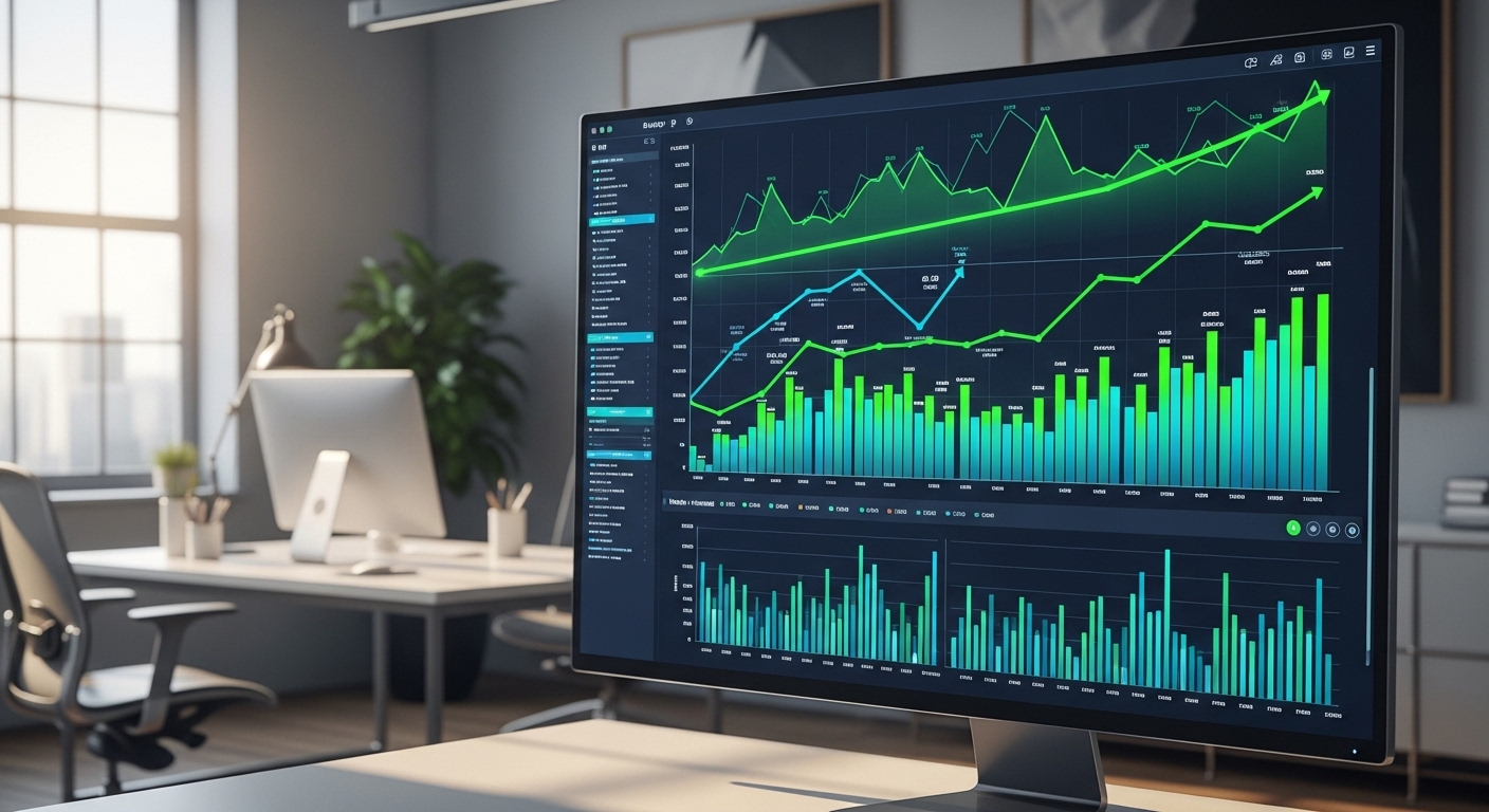 Bảng điều khiển phân tích chi tiết hiển thị các biểu đồ tăng trưởng xanh và dữ liệu tích cực. Là một nhà phân tích SEO chuyên nghiệp, hình ảnh này thể hiện rõ hiệu suất đang tăng.