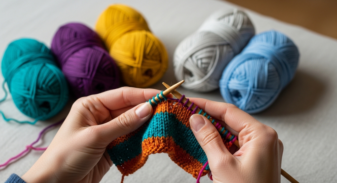 Hình ảnh cận cảnh bàn tay đang đan len đầy màu sắc, gợi ý việc làm thêm tại nhà hiệu quả và thư giãn.