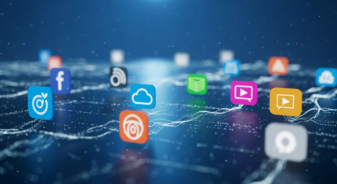 Mạng lưới kỹ thuật số năng động với các biểu tượng nền tảng online liên kết, nổi bật trong không gian số màu xanh sâu thẳm. Hình ảnh thể hiện tiềm năng kiếm tiền online không cần vốn từ các kết nối kỹ thuật số.