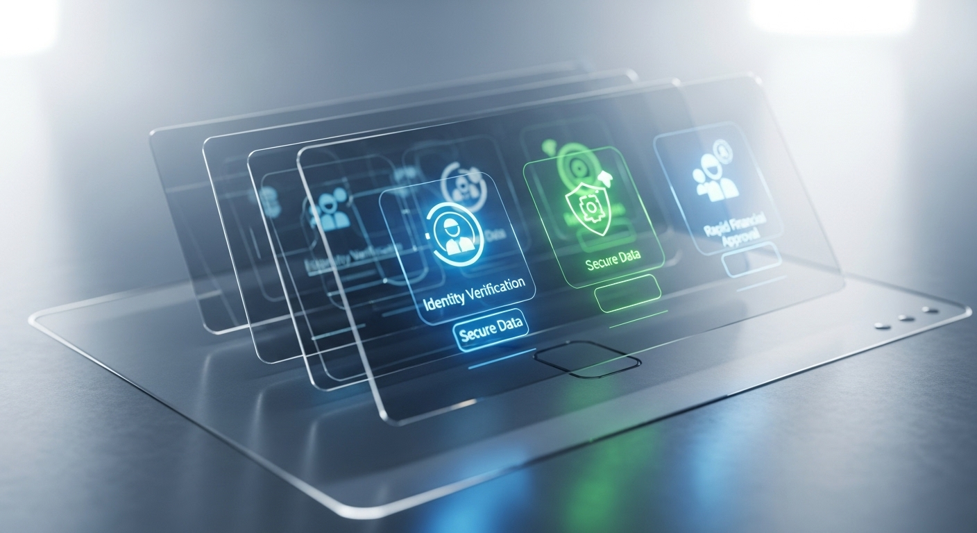 Giao diện số hiện đại của app vay tiền online, hiển thị các biểu tượng rõ ràng về xác minh danh tính, bảo mật dữ liệu và duyệt vay nhanh, được chiếu sáng nổi bật.