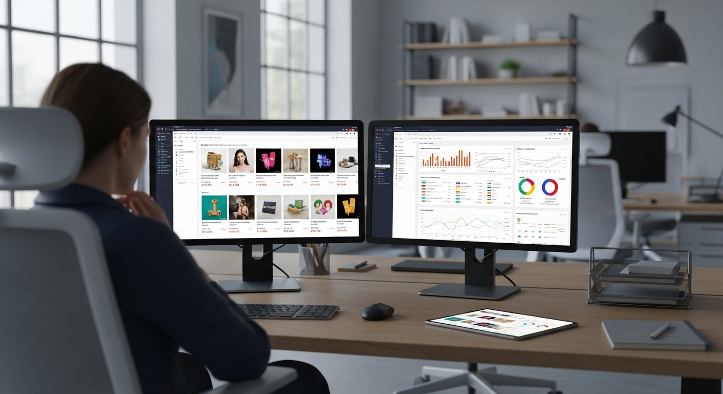 Không gian làm việc hiện đại với hai màn hình hiển thị sản phẩm e-commerce và phân tích, minh họa cách tối ưu web kiếm tiền online tại nhà.