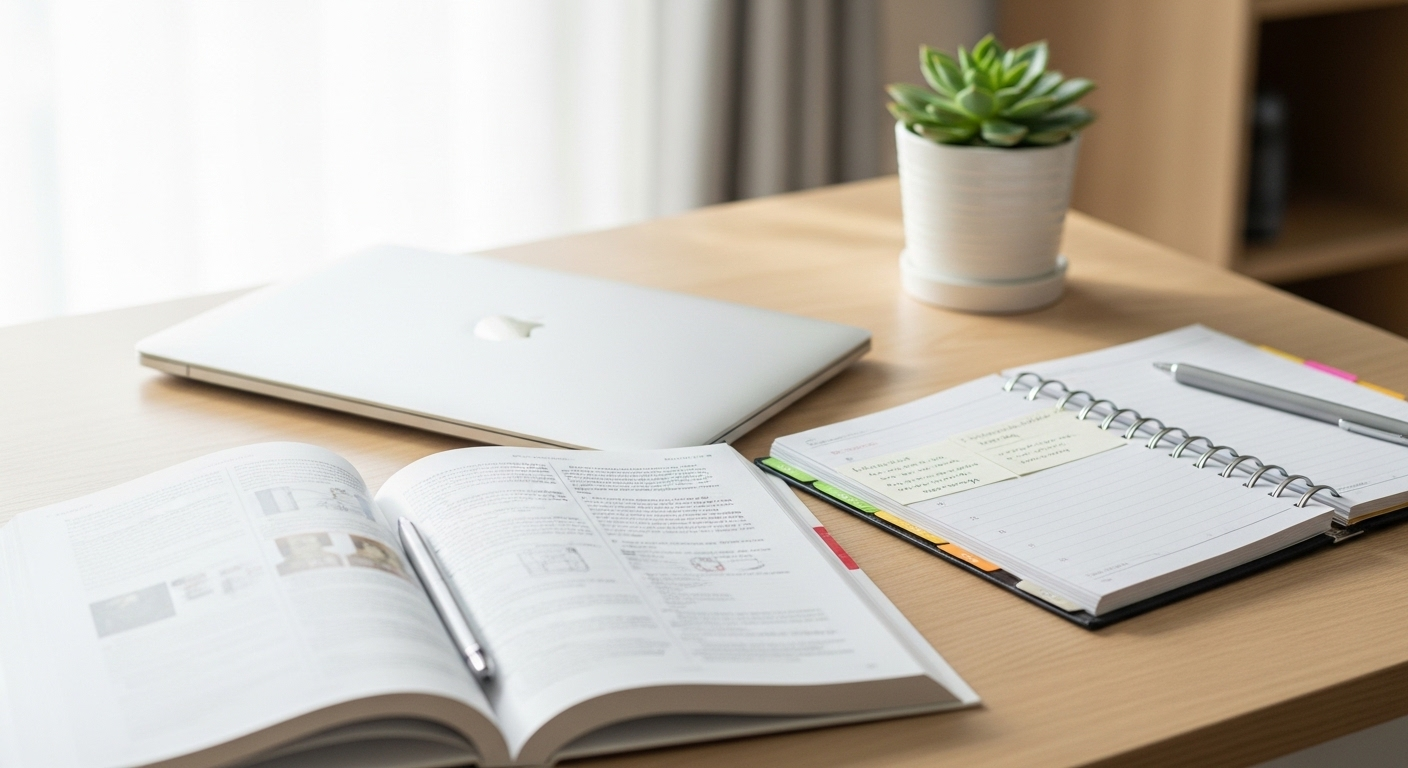 Bàn học ngăn nắp của học sinh với sách giáo khoa, laptop đóng, sổ kế hoạch và cây xanh, là không gian lý tưởng để tìm kiếm cách kiếm tiền online không cần vốn hiệu quả.