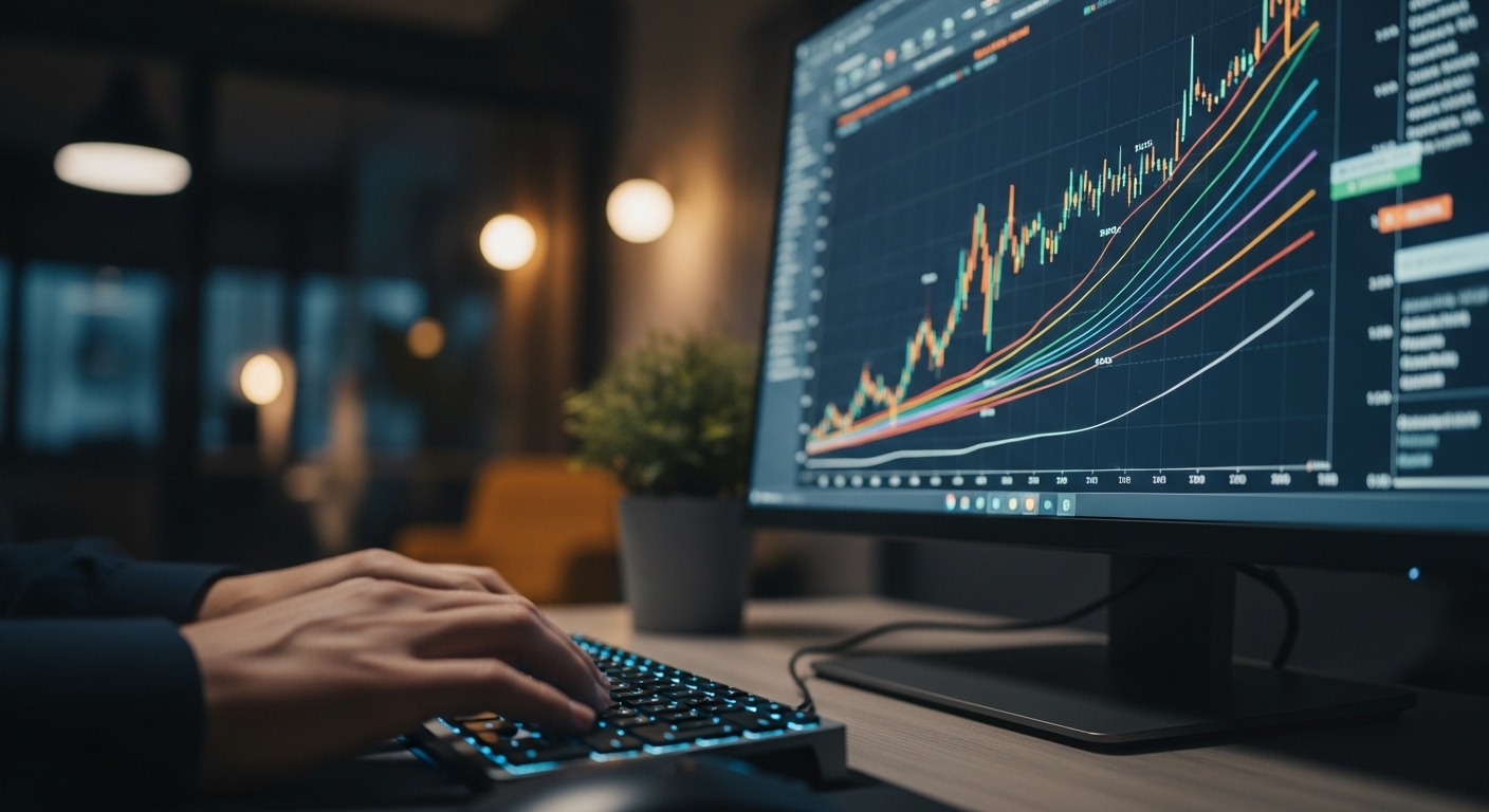 Màn hình máy tính hiển thị biểu đồ tăng trưởng dữ liệu, tay đang gõ phím, thể hiện công việc kiếm tiền online thành công.