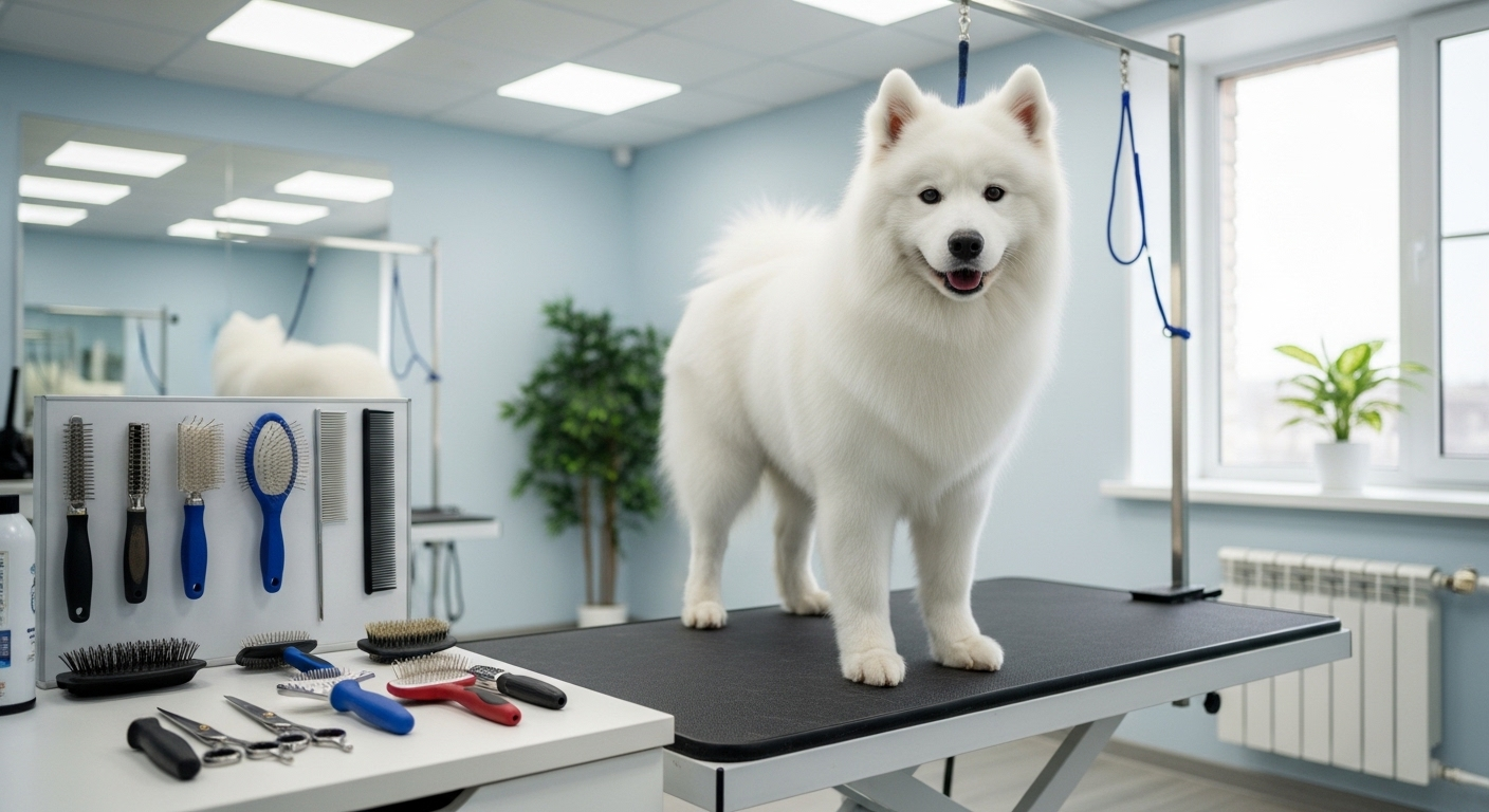 Chú chó trắng bông bềnh được chải lông và tạo kiểu chuyên nghiệp tại spa thú cưng sang trọng, với dụng cụ grooming cao cấp. Minh chứng rõ nét cho chất lượng dịch vụ của nghề dễ kiếm tiền này.