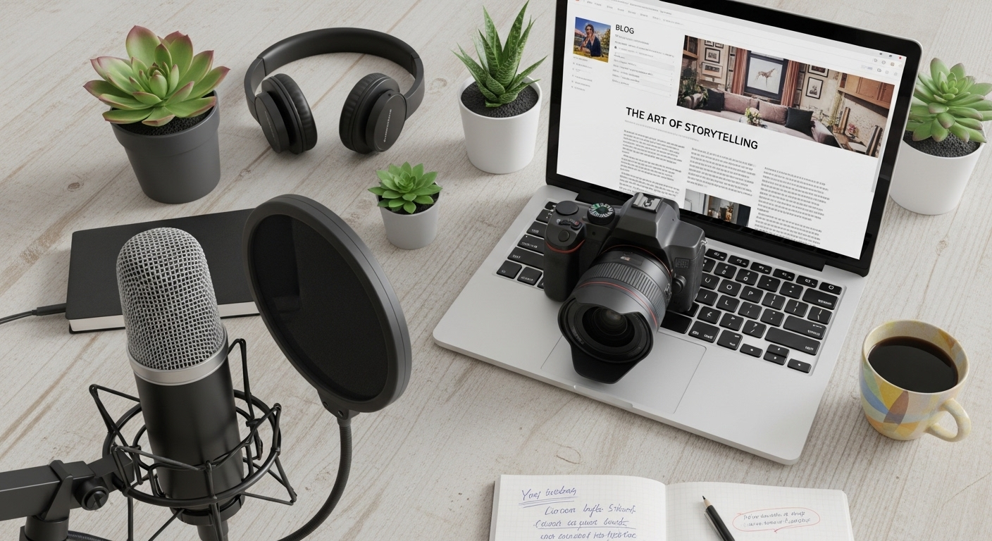 Góc làm việc flat lay của người sáng tạo với micro chuyên nghiệp, máy ảnh và laptop hiển thị blog, thiết lập hoàn hảo để kiếm tiền tại nhà. Góc làm việc flat lay của người sáng tạo với micro chuyên nghiệp, máy ảnh và laptop hiển thị blog, thiết lập hoàn hảo để kiếm tiền tại nhà.