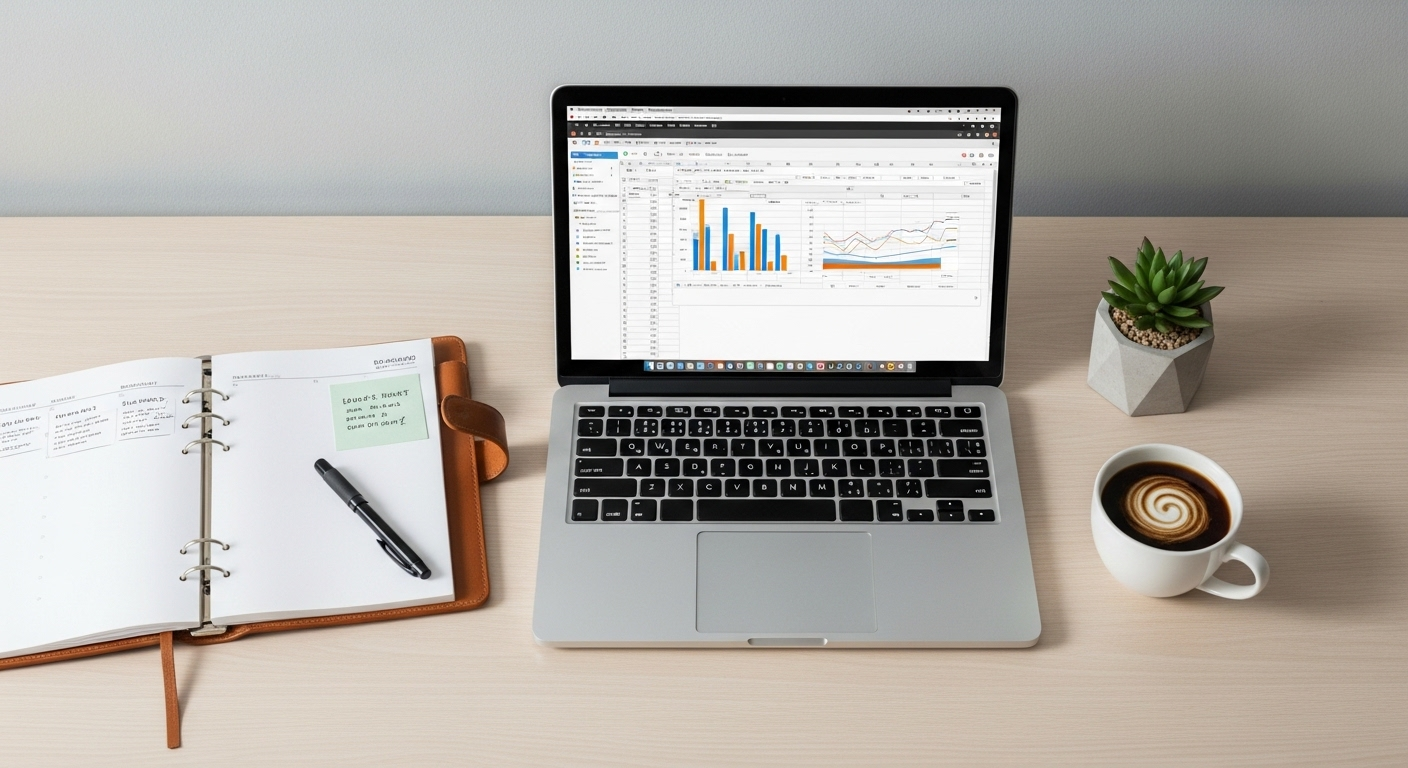 Bàn làm việc gọn gàng nhìn từ trên xuống với laptop mở bảng tính, sổ tay và cà phê, phục vụ hiệu quả cho việc kiếm tiền online. Bàn làm việc gọn gàng nhìn từ trên xuống với laptop mở bảng tính, sổ tay và cà phê, phục vụ hiệu quả cho việc kiếm tiền online.