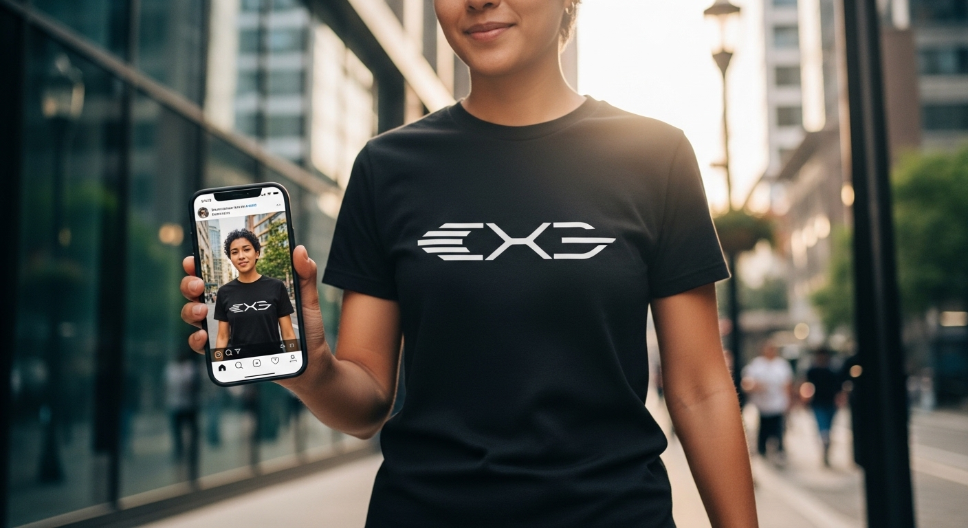 Người trẻ mặc áo phông logo thương hiệu, tương tác mạng xã hội trên điện thoại khi đi dạo phố, minh họa cách kiếm tiền lạ đời qua quảng bá sản phẩm online.