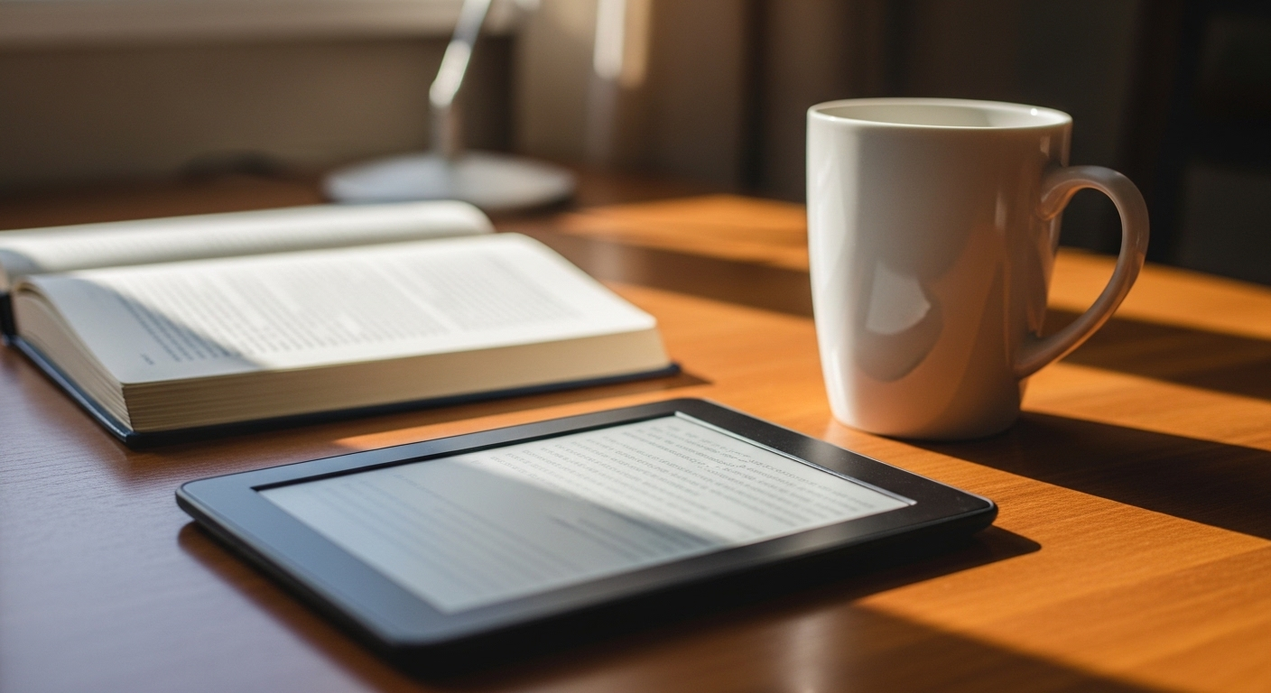 Máy đọc sách hiển thị nội dung giáo dục trên bàn gỗ, bên cạnh cốc cà phê. Phía sau là màn hình máy tính mờ với khóa học trực tuyến, tượng trưng cho quá trình học tập và phát triển kỹ năng số để kiếm tiền từ công nghệ.