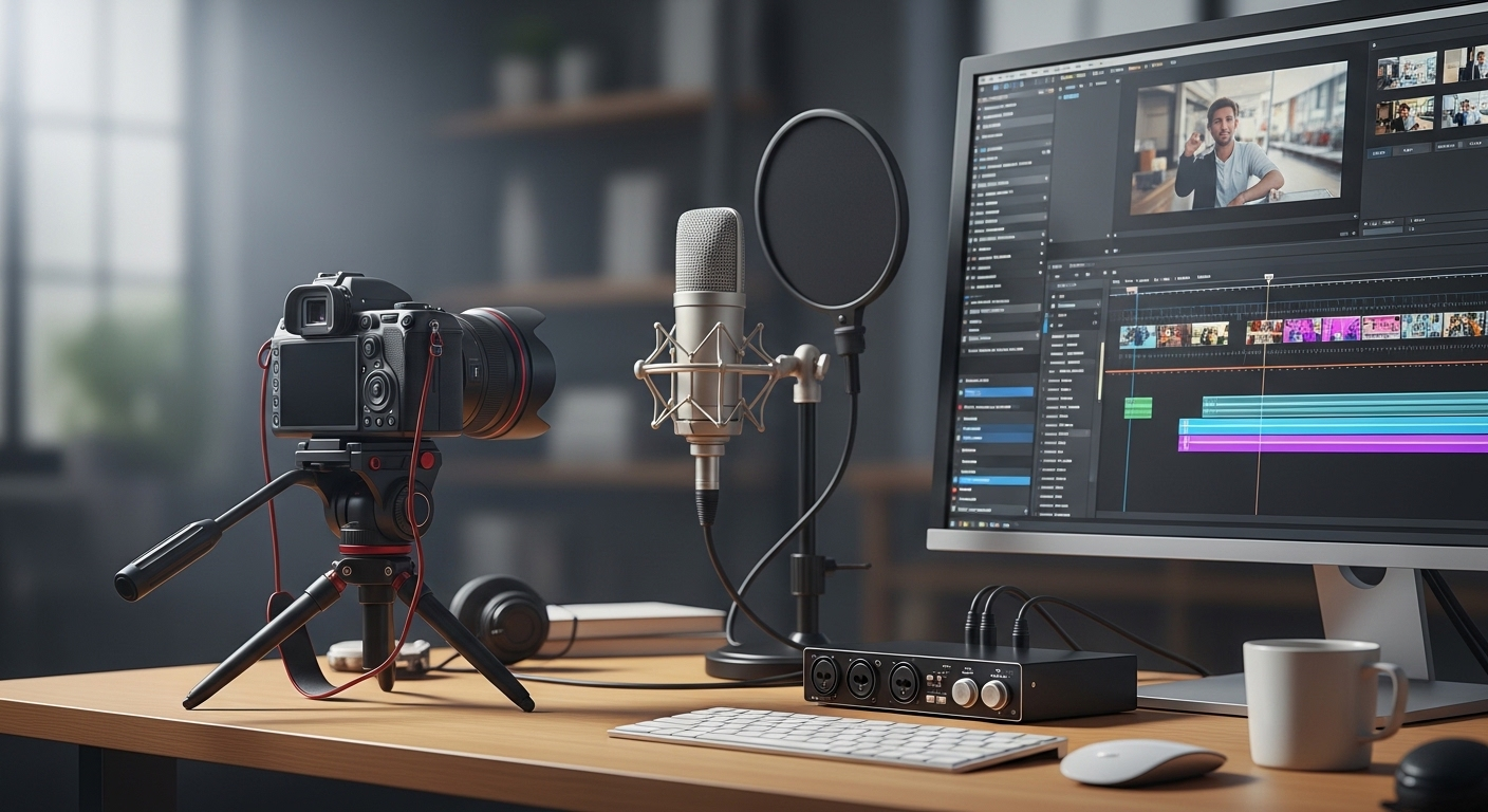 Bàn làm việc hiện đại với camera, micro studio, và màn hình chỉnh sửa video chuyên nghiệp. Hoàn hảo để sản xuất nội dung YouTube chất lượng, tối ưu hiệu quả với dịch vụ tăng like Youtube.