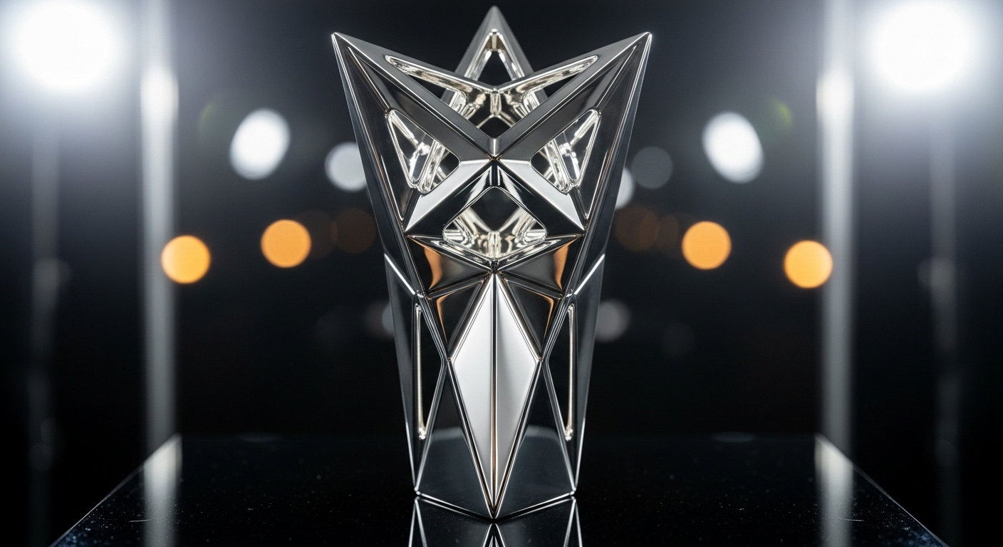 Cúp bạc hình học sáng bóng tượng trưng cho thành công và sự tăng trưởng vượt bậc, có thể đạt được nhờ các giải pháp hiệu quả như dịch vụ tăng sub Youtube.