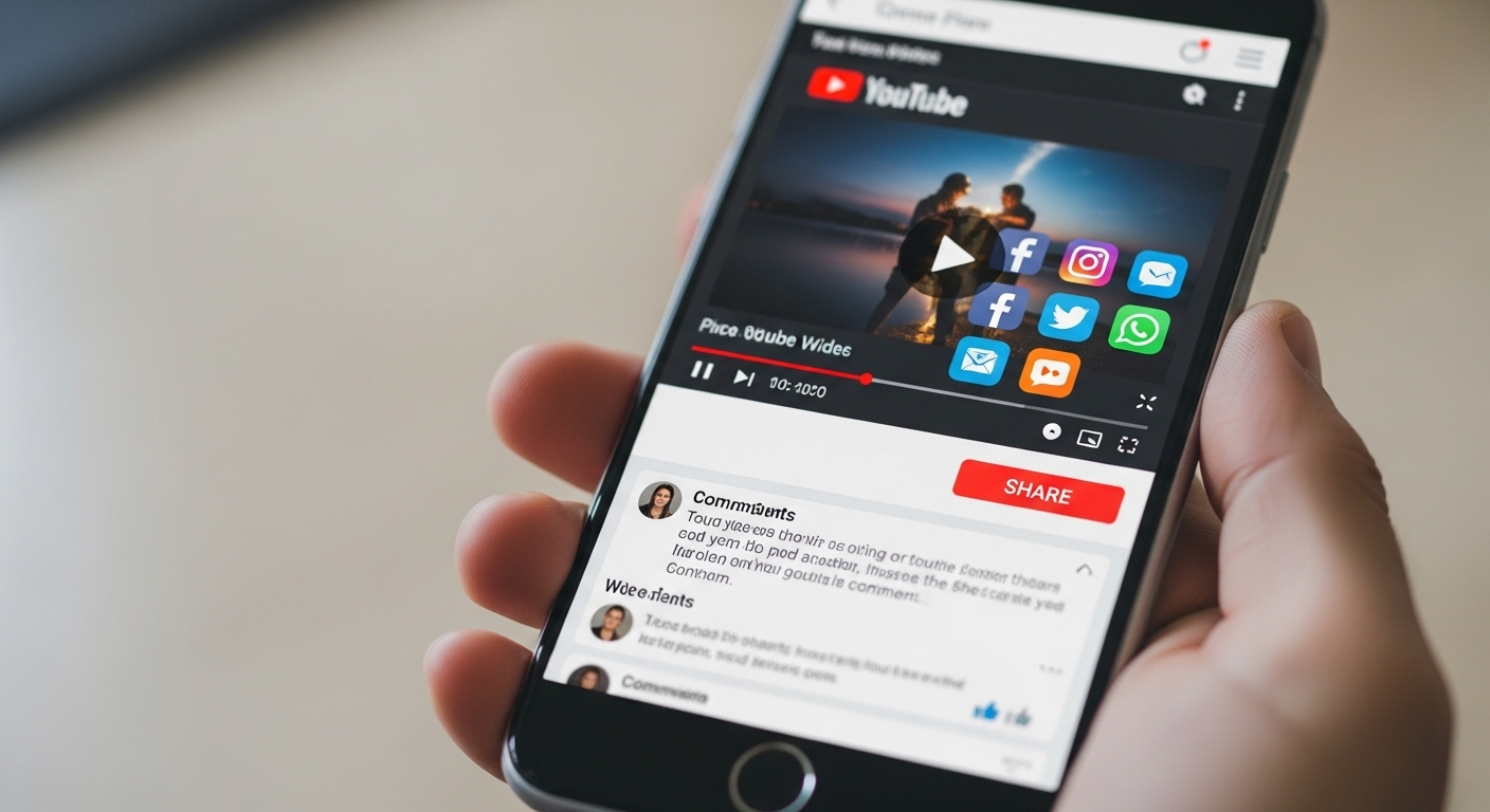 Điện thoại thông minh hiển thị video YouTube với các biểu tượng chia sẻ mạng xã hội và tương tác cộng đồng, minh họa cách tăng view và sub cho kênh Youtube hiệu quả thông qua lan tỏa nội dung.
