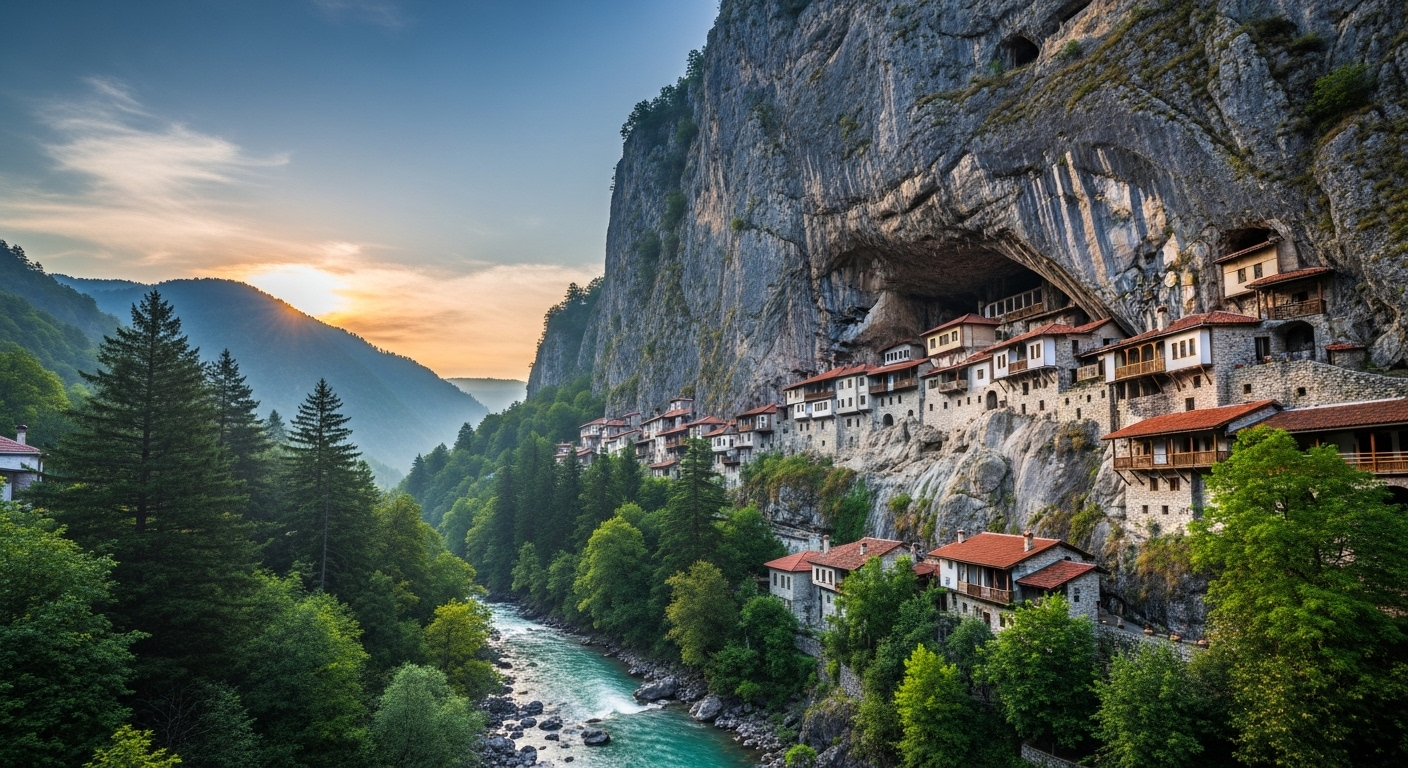 Làng núi đá hùng vĩ với hang dripstone lộ thiên trên vách núi, sông chảy và cây xanh tươi. Phong cảnh lý tưởng cho một seed Minecraft tốt nhất.