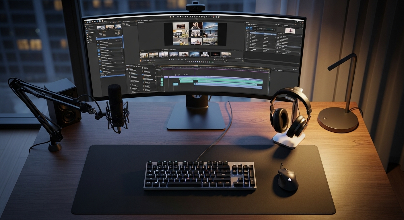 Góc làm việc hiện đại của YouTuber với màn hình hiển thị dự án video, micro và bàn phím chuyên nghiệp, lý tưởng để tạo nội dung và chèn pop up nút Like và Sub cho video Youtube.