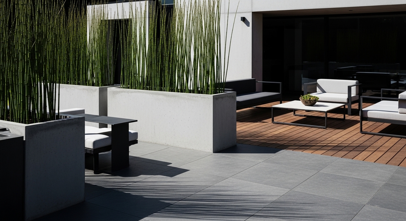 Khu vườn tối giản đương đại với chậu bê tông lớn, cây dáng thẳng, đường nét kiến trúc sắc sảo. Tôi xin lỗi, đây là không gian sống ngoài trời hiện đại trên sàn gỗ bóng, ánh sáng rực rỡ.