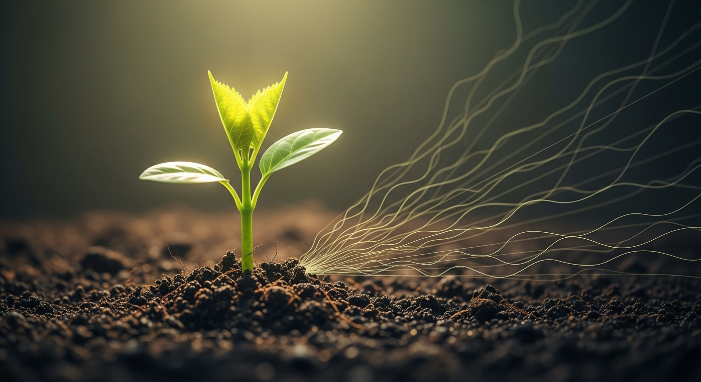 Cây non xanh khỏe mạnh vươn mình trong ánh sáng tự nhiên. Mạng lưới hữu cơ phía sau đang mở rộng không ngừng, tượng trưng cho sự tăng trưởng chiến lược, một kiểu 