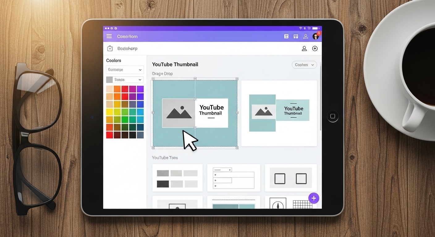 Máy tính bảng hiển thị nền tảng thiết kế đồ họa trực tuyến với các mẫu thumbnail YouTube tùy chỉnh. Giao diện thân thiện, giúp đơn giản hóa cách làm thumbnail Youtube cho người dùng.