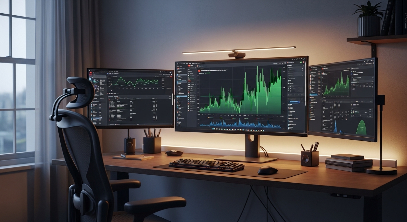 Không gian làm việc hiện đại với máy tính đa màn hình, một màn hình hiển thị YouTube Analytics tăng trưởng mạnh, minh chứng cho cách kiếm tiền trên YouTube hiệu quả.