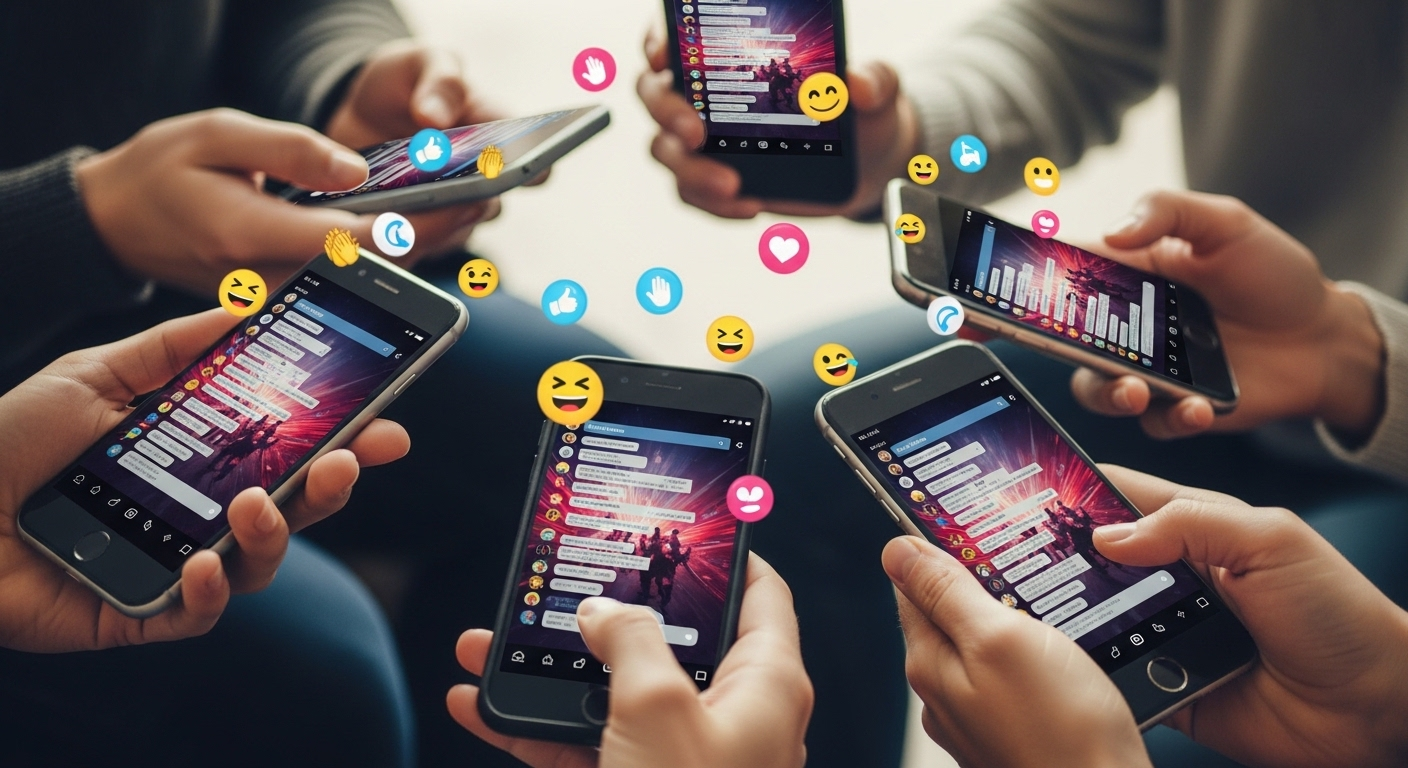 Nhiều bàn tay cầm điện thoại và máy tính bảng hiển thị một buổi livestream sôi động với tin nhắn trò chuyện và biểu tượng cảm xúc đầy màu sắc trên màn hình. Hình ảnh minh họa sự tương tác cao từ người xem, một yếu tố quan trọng khi tìm hiểu cách bật kiếm tiền YouTube và phát triển kênh.