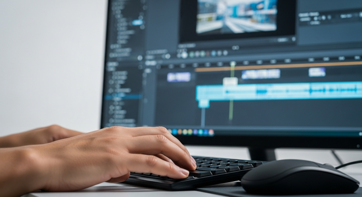 Bàn tay chuyên nghiệp đang chỉnh sửa video trên phần mềm dựng phim hiện đại, minh họa quá trình tạo nội dung để kiếm tiền trên YouTube Cash.