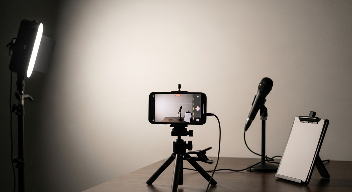 Góc studio tại nhà gọn gàng với điện thoại trên tripod, mic kẹp, đèn và kịch bản, minh họa cách làm kênh youtube hiệu quả với thiết bị cơ bản.