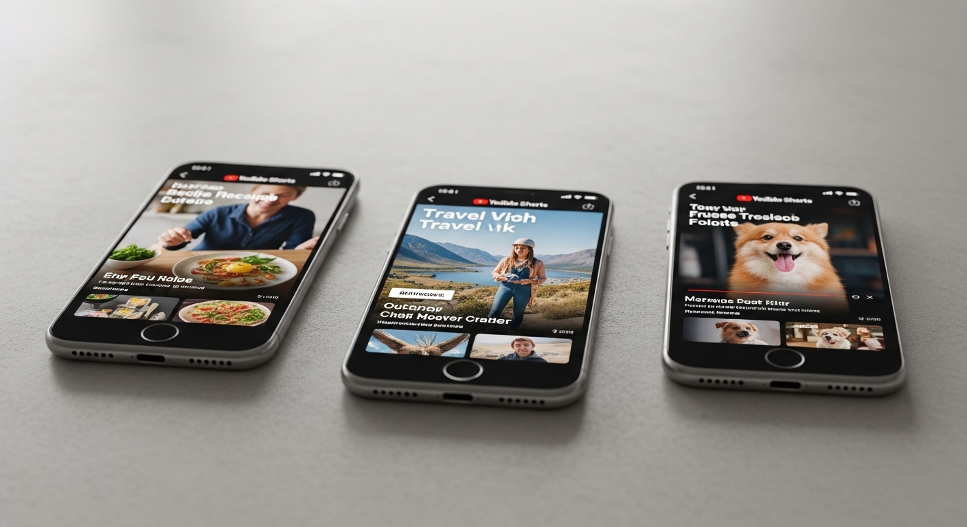 Ba điện thoại hiện đại hiển thị YouTube Shorts với video đa dạng, minh họa cách kiếm tiền trên Youtube từ việc sáng tạo nội dung ngắn hấp dẫn.