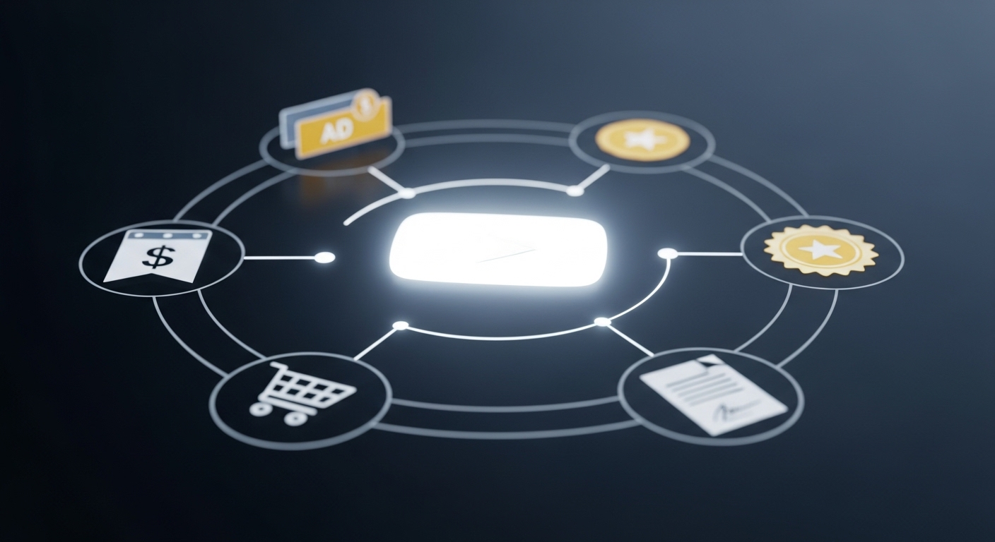 Ảnh minh họa sống động nút Play YouTube sáng bừng, bao quanh bởi các biểu tượng doanh thu đa dạng (quảng cáo, hội viên, giỏ hàng, hợp đồng), thể hiện các cơ hội kiếm tiền sau khi đáp ứng điều kiện bật kiếm tiền Youtube.