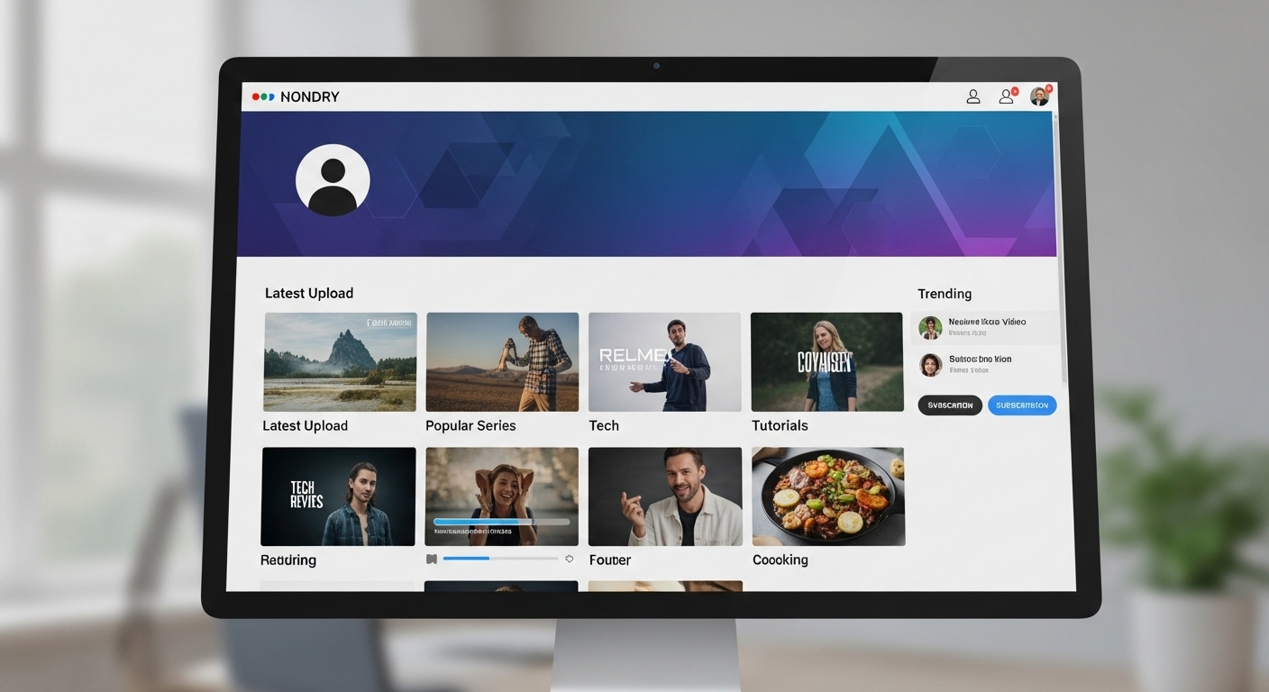 Màn hình máy tính hiển thị giao diện kênh YouTube chuyên nghiệp, với ảnh bìa tùy chỉnh và hàng loạt video hấp dẫn, sẵn sàng kiếm tiền với Youtube.
